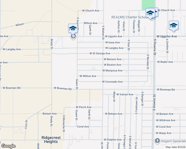 map of restaurants, bars, coffee shops, grocery stores, and more near 1344 West Willow Avenue in Ridgecrest