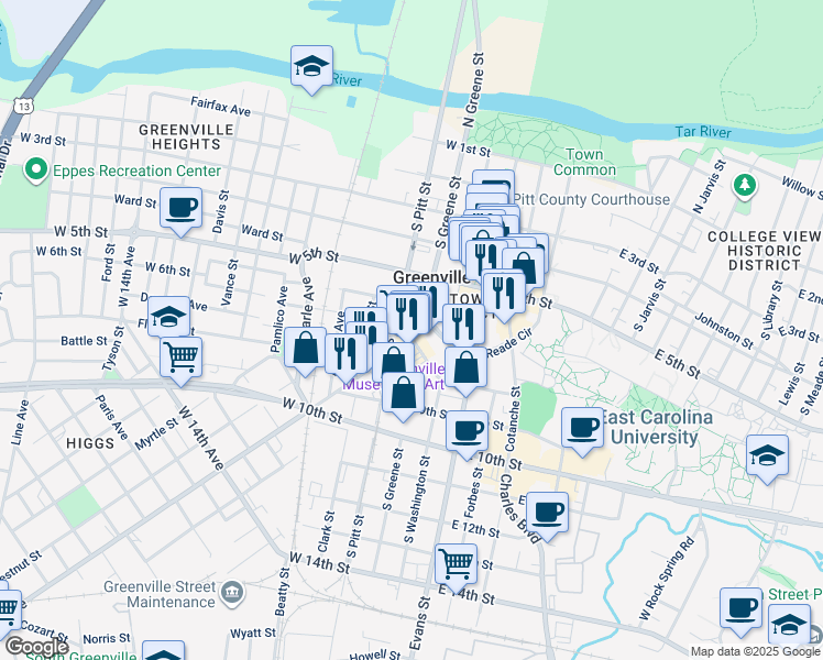 map of restaurants, bars, coffee shops, grocery stores, and more near 610 Dickinson Avenue in Greenville