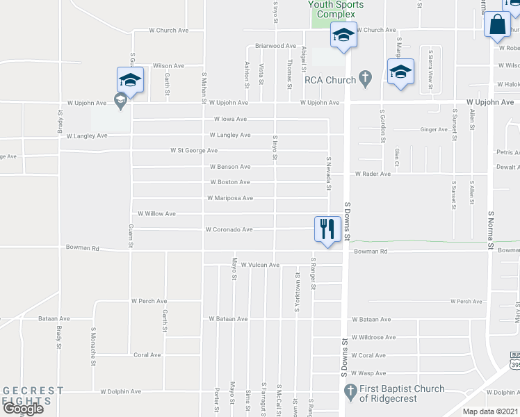 map of restaurants, bars, coffee shops, grocery stores, and more near 1116 West Willow Avenue in Ridgecrest