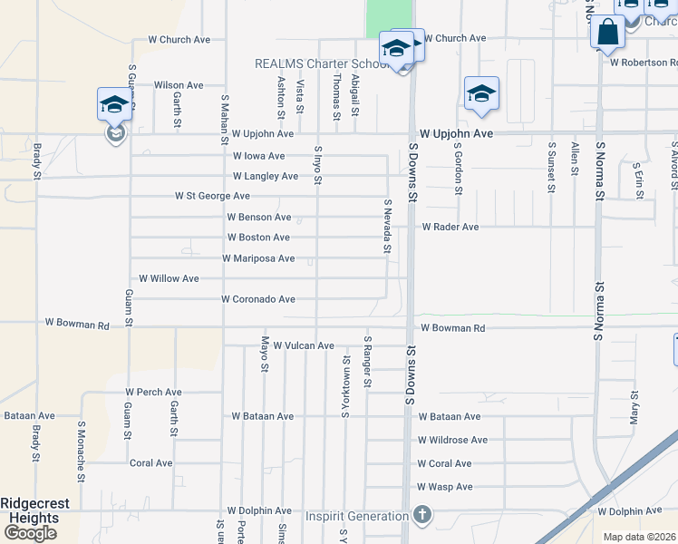 map of restaurants, bars, coffee shops, grocery stores, and more near 1024 West Willow Avenue in Ridgecrest