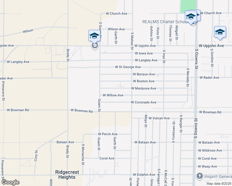 map of restaurants, bars, coffee shops, grocery stores, and more near 1344 West Willow Avenue in Ridgecrest