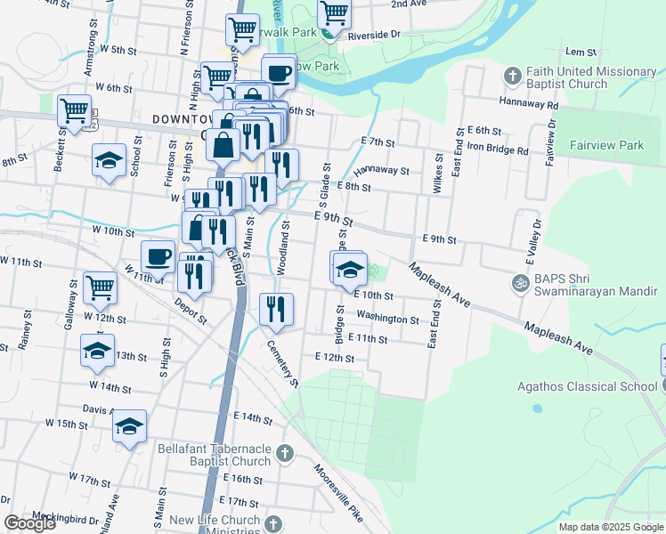 map of restaurants, bars, coffee shops, grocery stores, and more near 1020 Bridge Street in Columbia