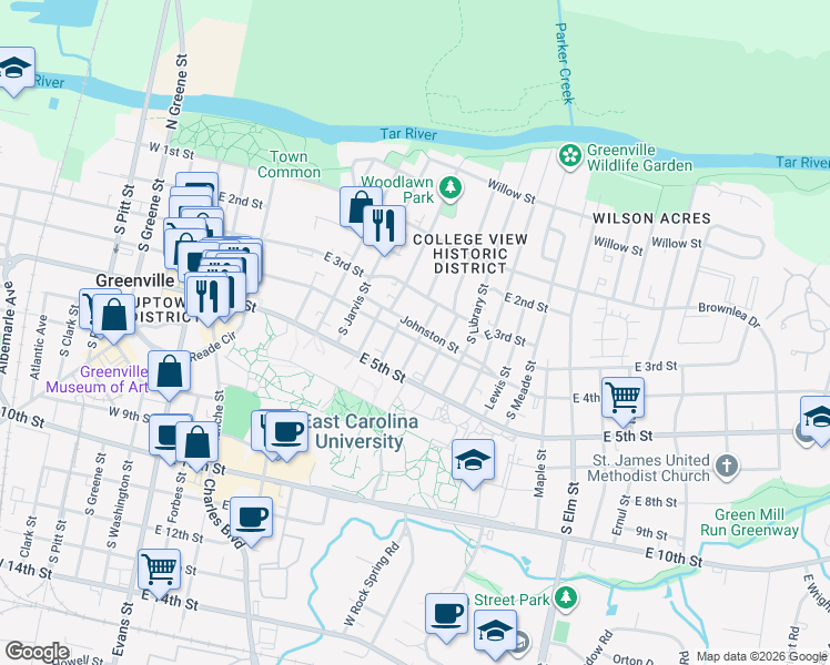 map of restaurants, bars, coffee shops, grocery stores, and more near 1001 Johnston Street in Greenville