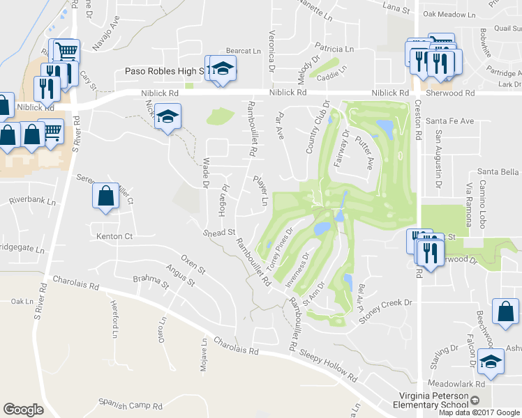 map of restaurants, bars, coffee shops, grocery stores, and more near 937 Player Lane in Paso Robles