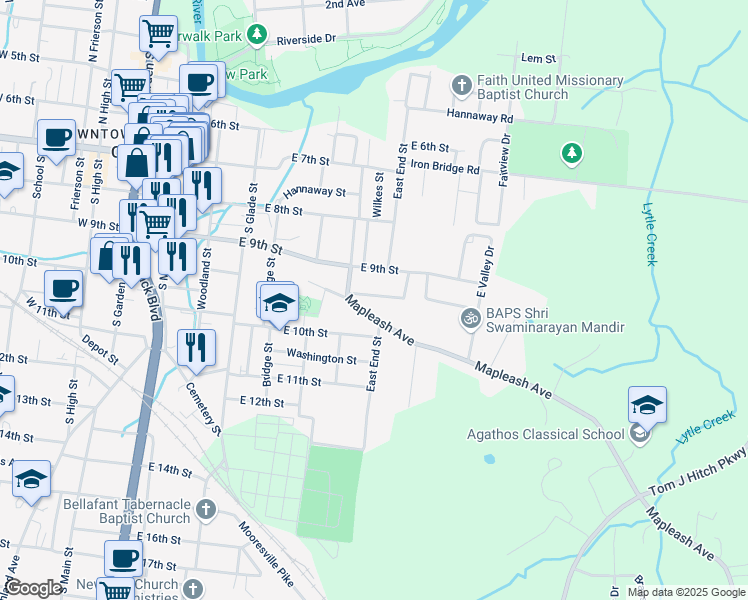 map of restaurants, bars, coffee shops, grocery stores, and more near 614 Midway Avenue in Columbia