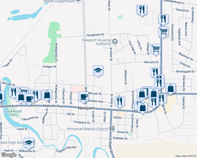map of restaurants, bars, coffee shops, grocery stores, and more near 400 North Pecan Street in Newport