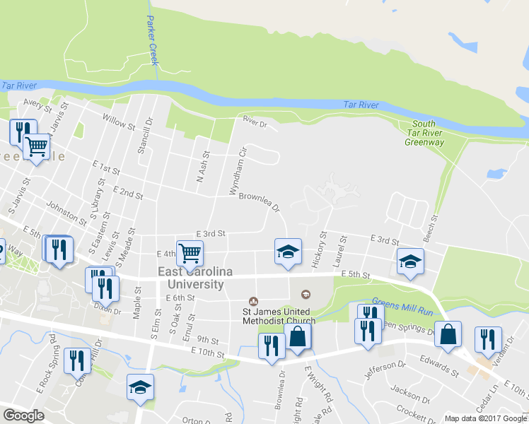 map of restaurants, bars, coffee shops, grocery stores, and more near 2109 East 3rd Street in Greenville