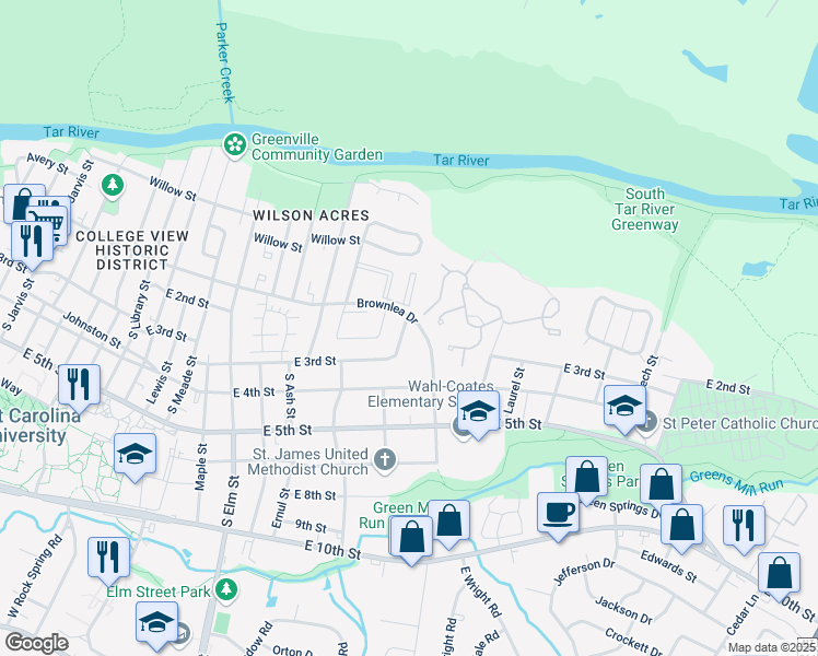 map of restaurants, bars, coffee shops, grocery stores, and more near 2109 East 3rd Street in Greenville
