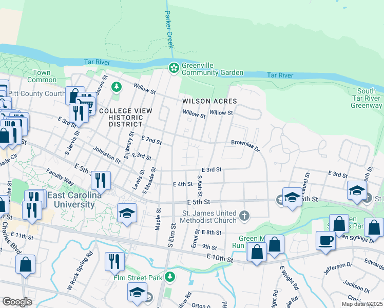 map of restaurants, bars, coffee shops, grocery stores, and more near 1806 East 1st Street in Greenville
