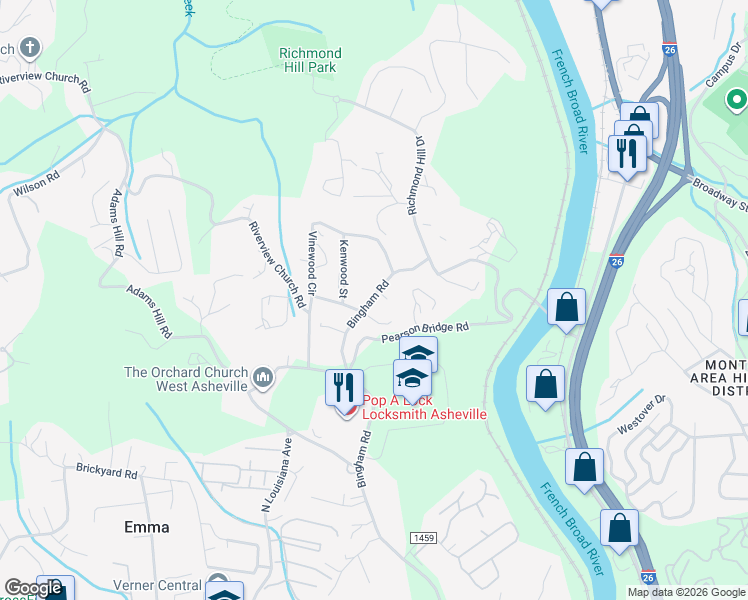 map of restaurants, bars, coffee shops, grocery stores, and more near 283 Bingham Road in Asheville