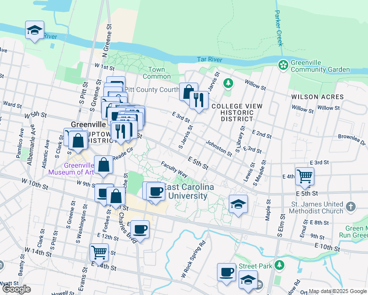 map of restaurants, bars, coffee shops, grocery stores, and more near 409 South Jarvis Street in Greenville