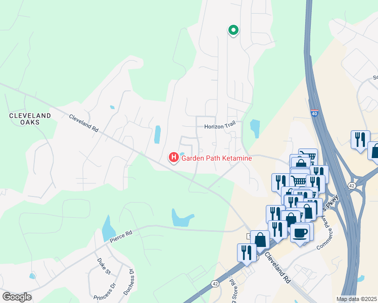 map of restaurants, bars, coffee shops, grocery stores, and more near 115 Crosby Lane in Garner