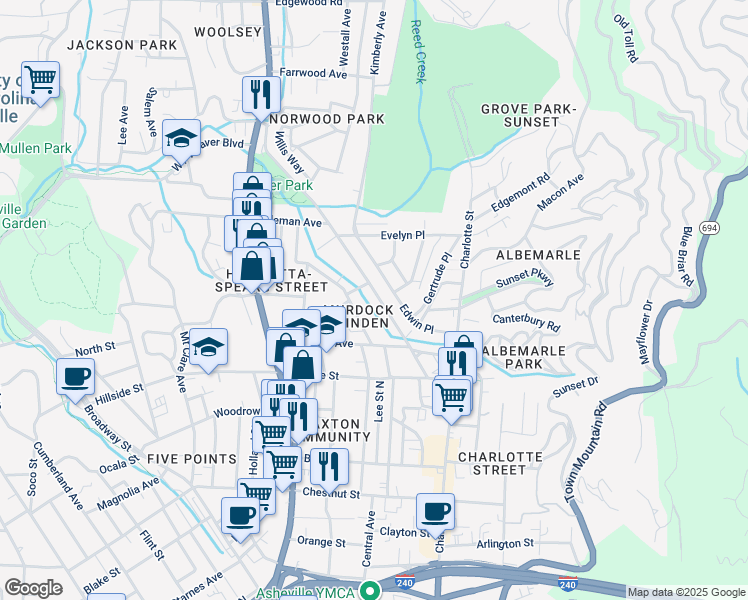 map of restaurants, bars, coffee shops, grocery stores, and more near 102 Murdock Avenue in Asheville