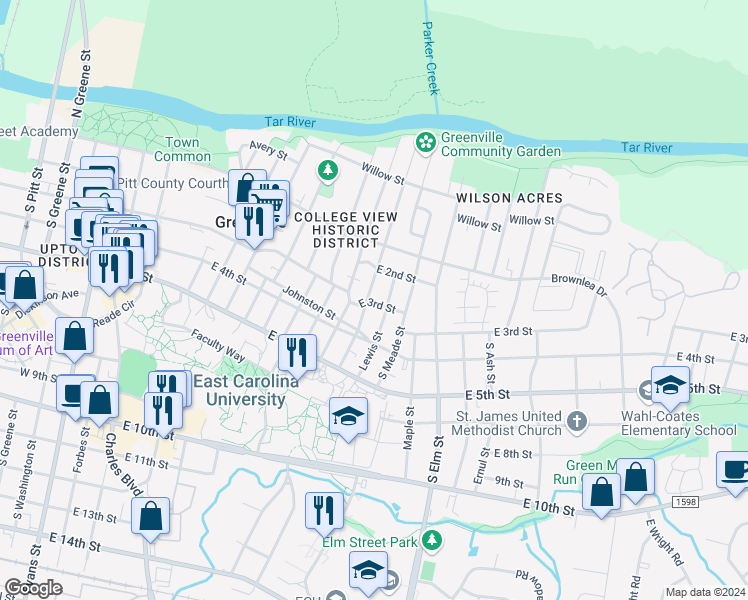 map of restaurants, bars, coffee shops, grocery stores, and more near 215 S Eastern St in Greenville