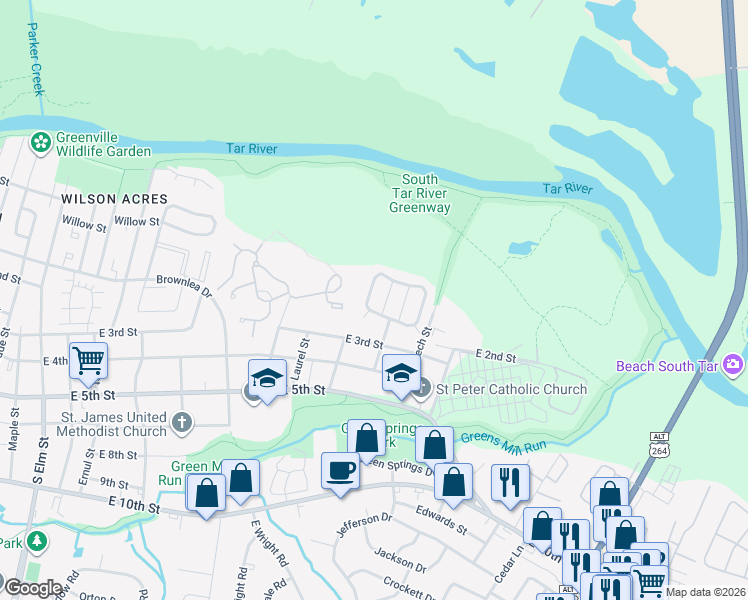 map of restaurants, bars, coffee shops, grocery stores, and more near 2818 Cypress View Drive in Greenville