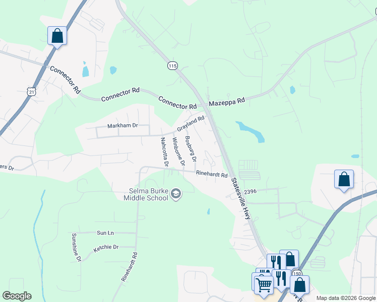 map of restaurants, bars, coffee shops, grocery stores, and more near 123 Bosburg Drive in Mooresville