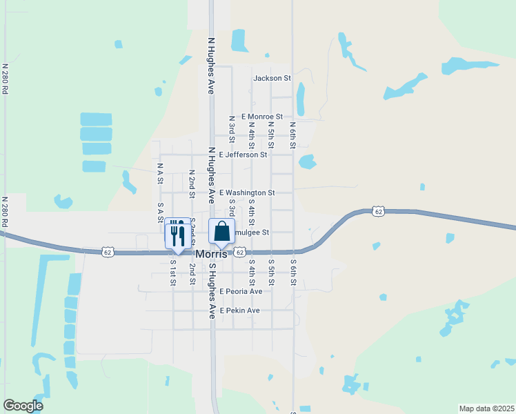map of restaurants, bars, coffee shops, grocery stores, and more near 108 South 4th Street in Morris