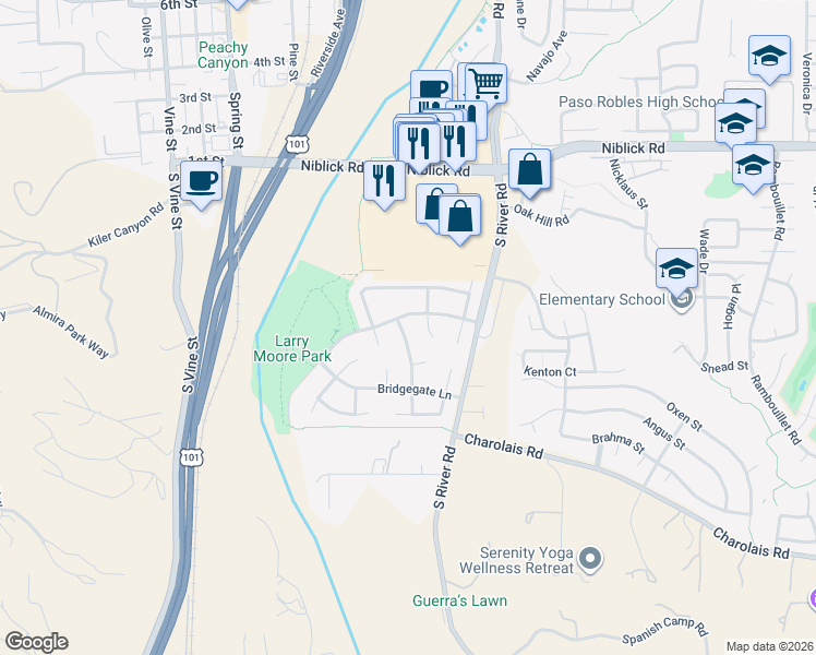 map of restaurants, bars, coffee shops, grocery stores, and more near 1706 Creeksand Lane in Paso Robles