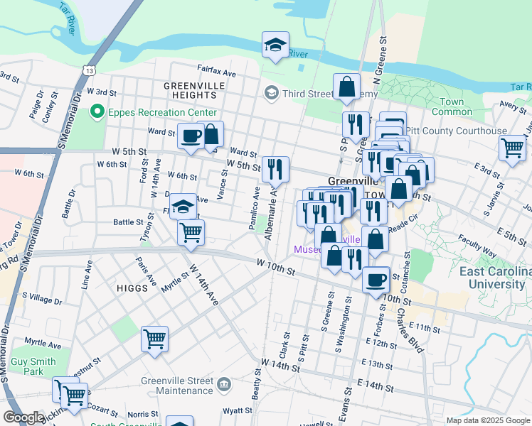 map of restaurants, bars, coffee shops, grocery stores, and more near 622 Albemarle Avenue in Greenville