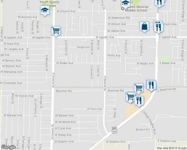 map of restaurants, bars, coffee shops, grocery stores, and more near 740 South Sunset Street in Ridgecrest
