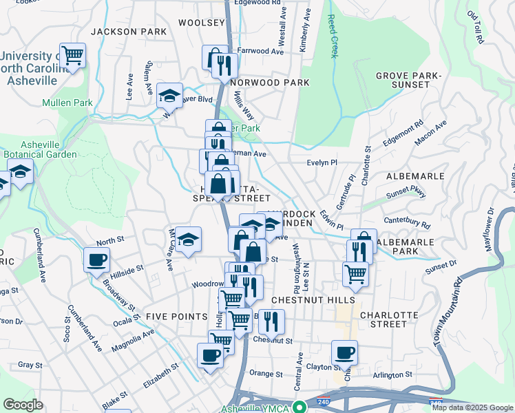 map of restaurants, bars, coffee shops, grocery stores, and more near 45 Henrietta Street in Asheville