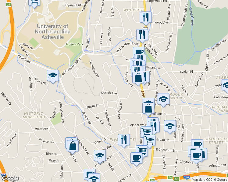 map of restaurants, bars, coffee shops, grocery stores, and more near 23 Dortch Avenue in Asheville