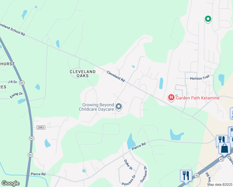 map of restaurants, bars, coffee shops, grocery stores, and more near 102 Village Court in Garner