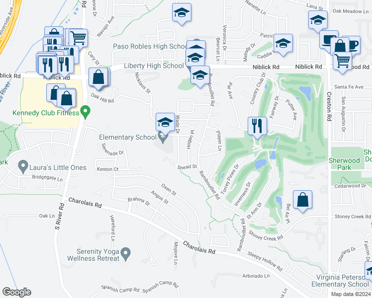 map of restaurants, bars, coffee shops, grocery stores, and more near 1723 Hogan Place in Paso Robles
