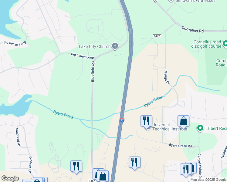 map of restaurants, bars, coffee shops, grocery stores, and more near Bluefield Road in Mooresville