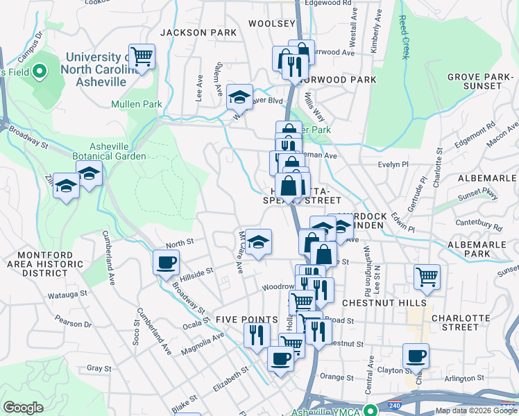 map of restaurants, bars, coffee shops, grocery stores, and more near 99999 Spears Avenue in Asheville
