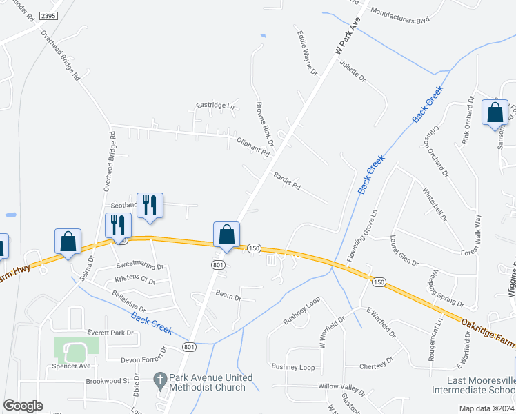 map of restaurants, bars, coffee shops, grocery stores, and more near 948 Mount Ulla Highway in Mooresville