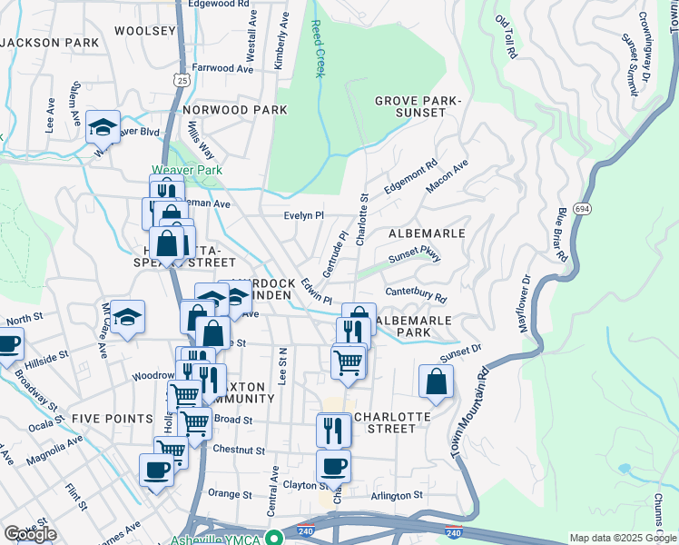map of restaurants, bars, coffee shops, grocery stores, and more near 7 Celia Place in Asheville