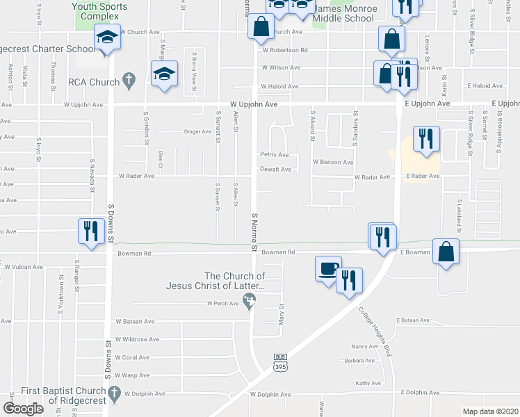 map of restaurants, bars, coffee shops, grocery stores, and more near 425 Rick Court in Ridgecrest