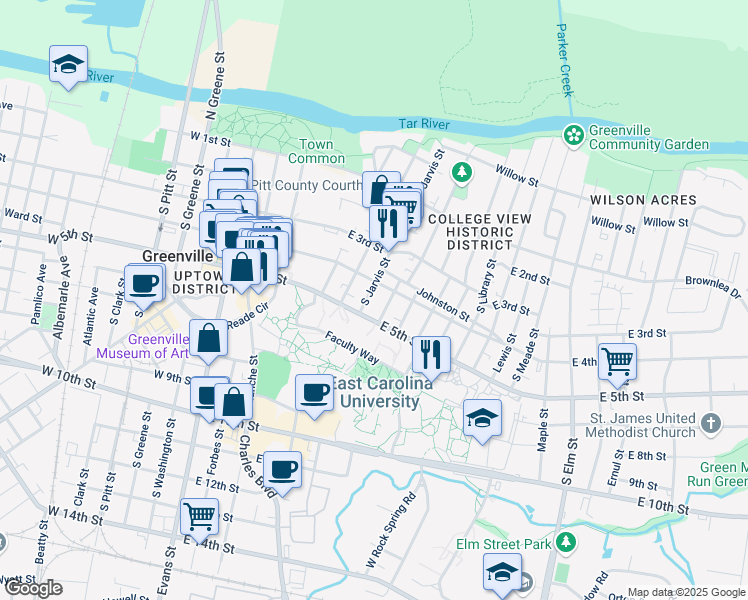 map of restaurants, bars, coffee shops, grocery stores, and more near 409 South Jarvis Street in Greenville