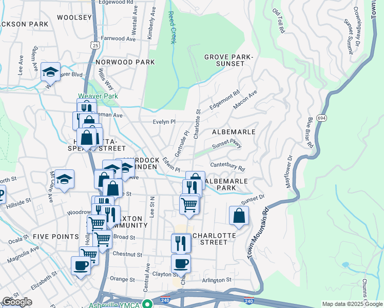 map of restaurants, bars, coffee shops, grocery stores, and more near 7 Celia Place in Asheville