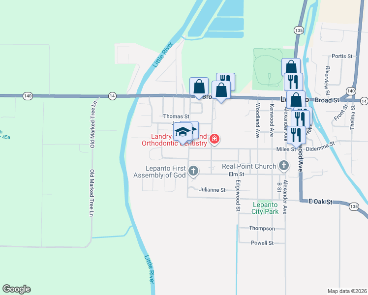 map of restaurants, bars, coffee shops, grocery stores, and more near 502 McClellan Avenue in Lepanto