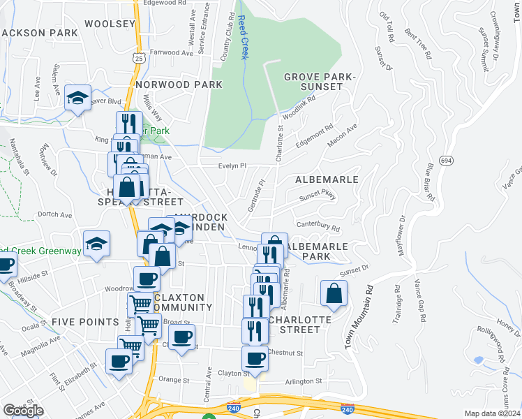 map of restaurants, bars, coffee shops, grocery stores, and more near 7 Celia Place in Asheville