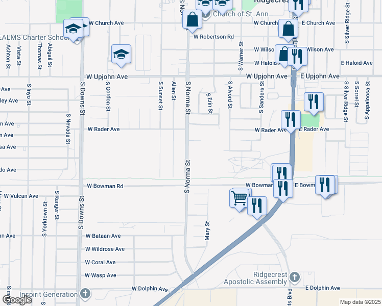 map of restaurants, bars, coffee shops, grocery stores, and more near 736 South Norma Street in Ridgecrest
