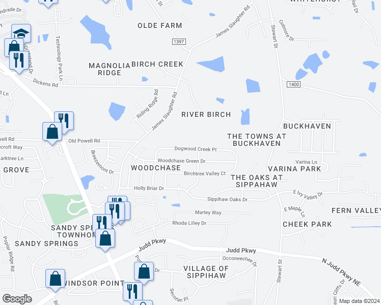 map of restaurants, bars, coffee shops, grocery stores, and more near 430 Dogwood Creek Place in Fuquay Varina