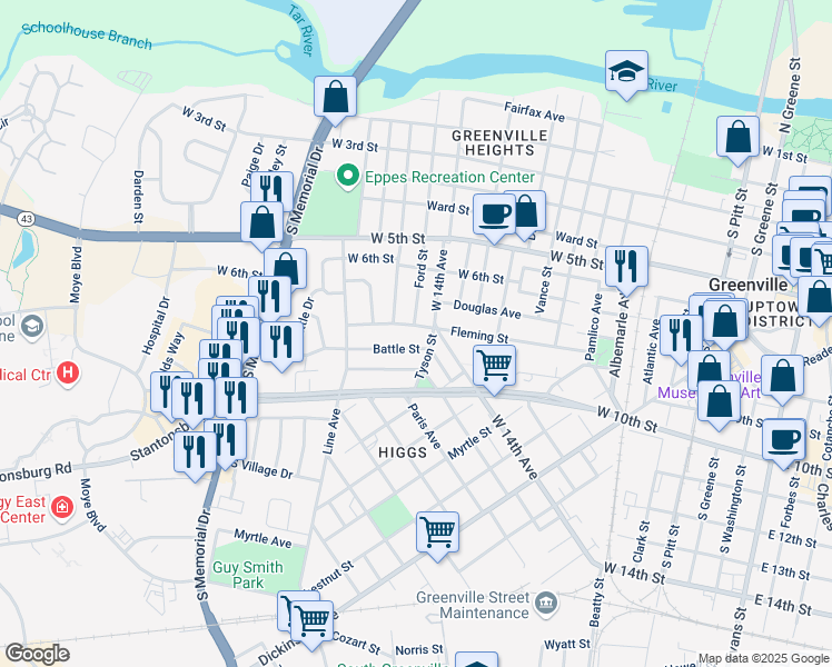 map of restaurants, bars, coffee shops, grocery stores, and more near 1207 Fleming Street in Greenville