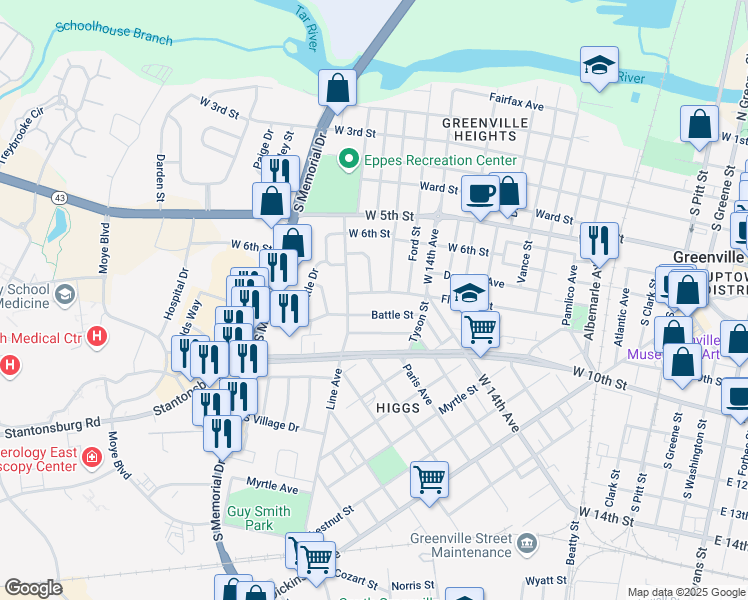 map of restaurants, bars, coffee shops, grocery stores, and more near 1505 Fleming Street in Greenville
