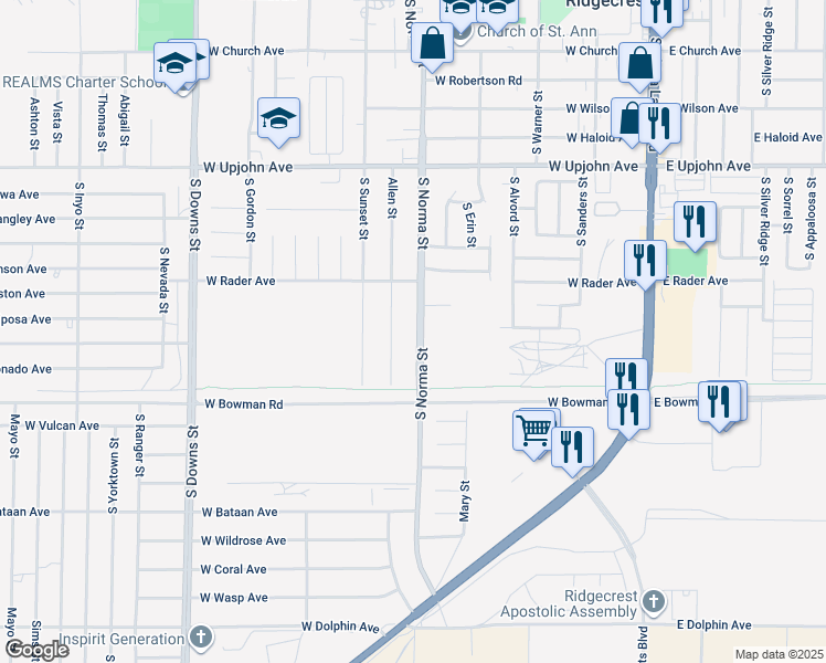 map of restaurants, bars, coffee shops, grocery stores, and more near 741 South Norma Street in Ridgecrest