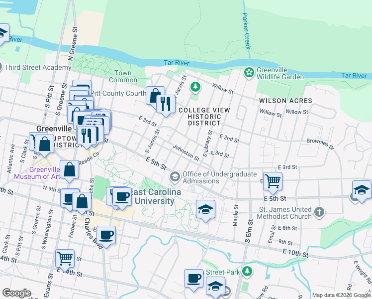 map of restaurants, bars, coffee shops, grocery stores, and more near 1001 Johnston Street in Greenville