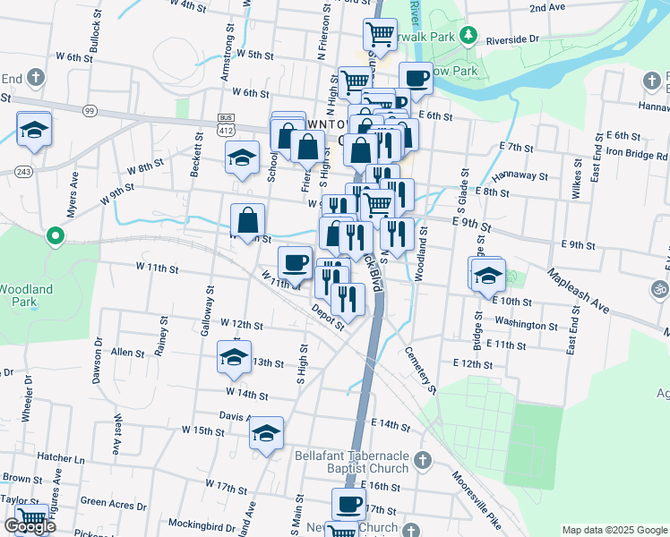 map of restaurants, bars, coffee shops, grocery stores, and more near 1117 South High Street in Columbia