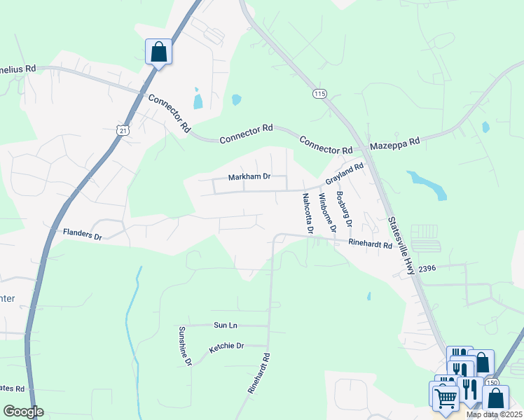 map of restaurants, bars, coffee shops, grocery stores, and more near 301 Flanders Drive in Mooresville