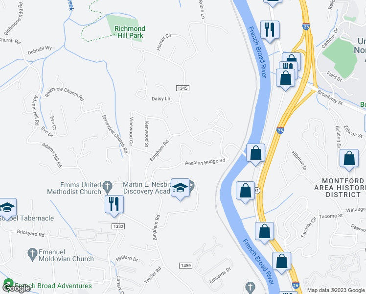 map of restaurants, bars, coffee shops, grocery stores, and more near 21 Otis Campbell Road in Asheville