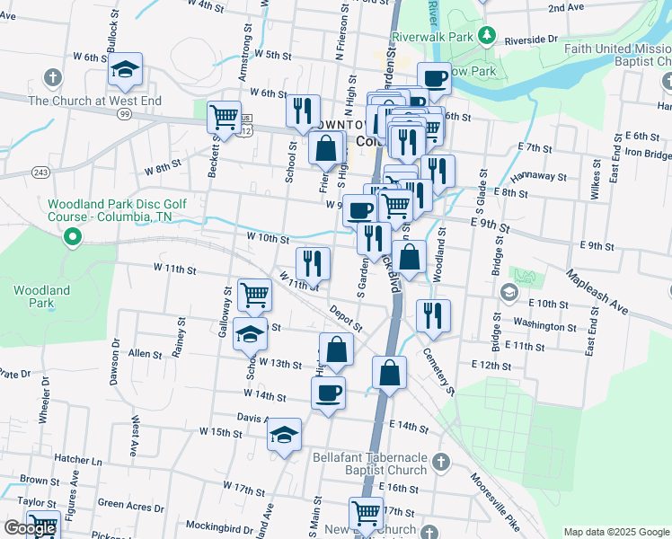 map of restaurants, bars, coffee shops, grocery stores, and more near 1117 South High Street in Columbia