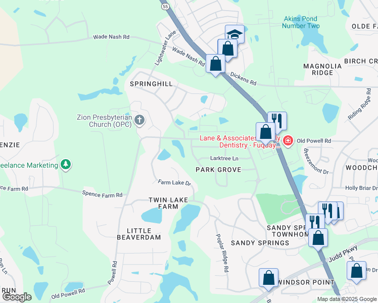 map of restaurants, bars, coffee shops, grocery stores, and more near 421 Ashdale Drive in Fuquay-Varina