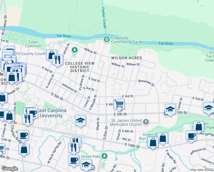 map of restaurants, bars, coffee shops, grocery stores, and more near 203 South Elm Street in Greenville