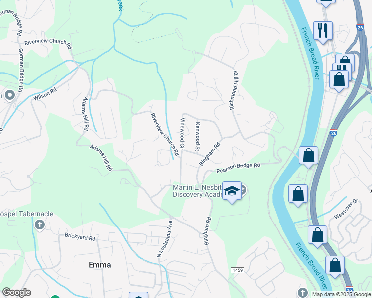 map of restaurants, bars, coffee shops, grocery stores, and more near 99 Eastover Drive in Asheville